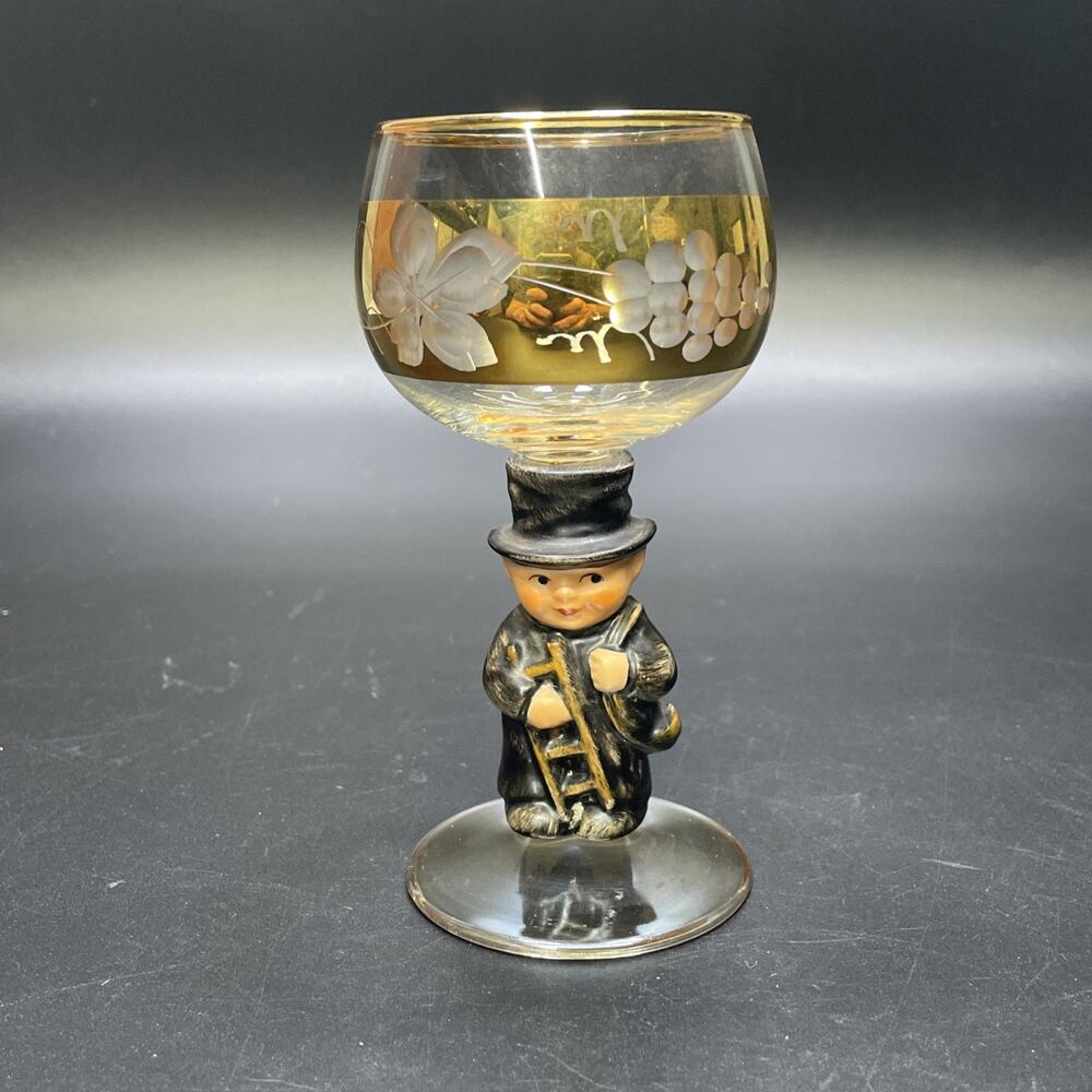 Vtg Goebel Hummel Chimney Sweep Wine Glass Goblet German Etched Crystal Gold Rim